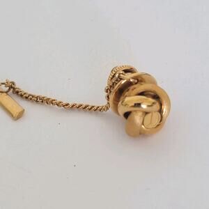 Dunhill Tie Necktie Pin Tack Clasp Knot Gold Tone Logo Designer Round Vintage